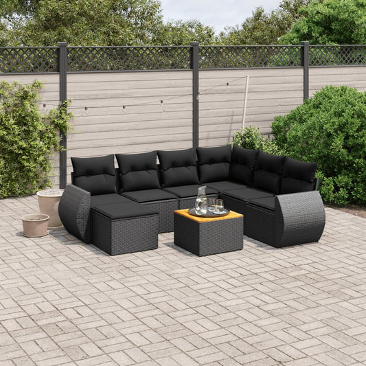 8-delige Loungeset met kussens poly rattan zwart