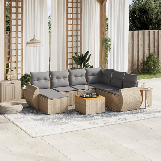 8-delige Loungeset met kussens poly rattan beige