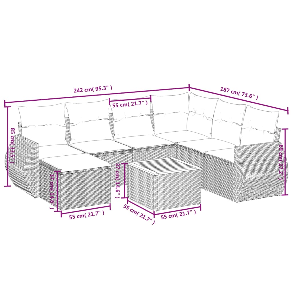 8-delige Loungeset met kussens poly rattan grijs