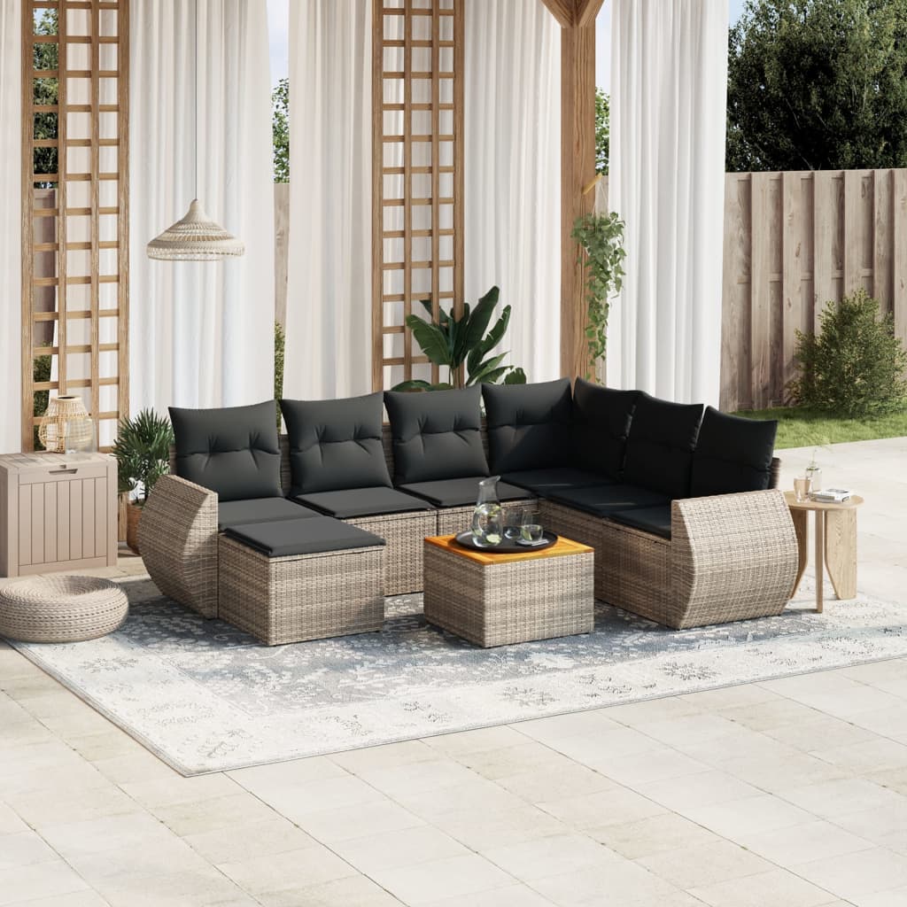 8-delige Loungeset met kussens poly rattan grijs