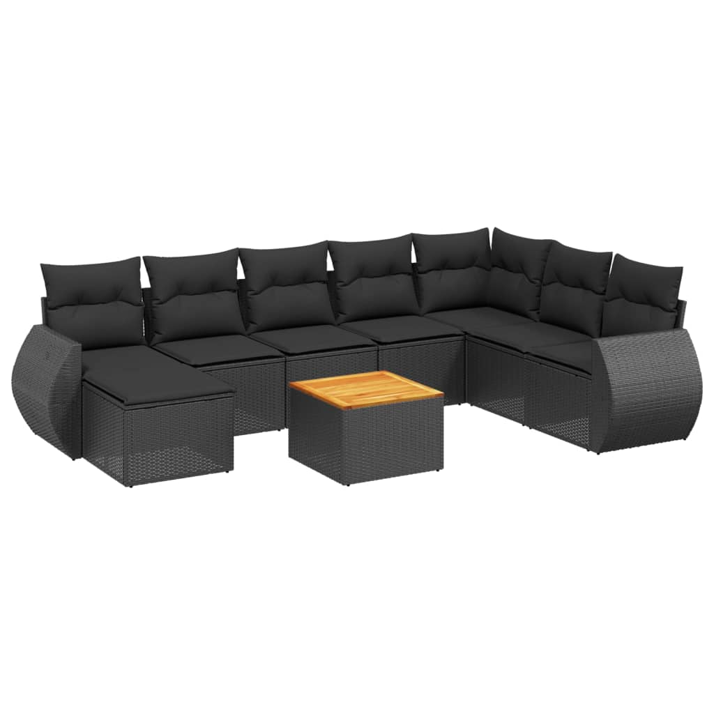 9-delige Loungeset met kussens poly rattan zwart