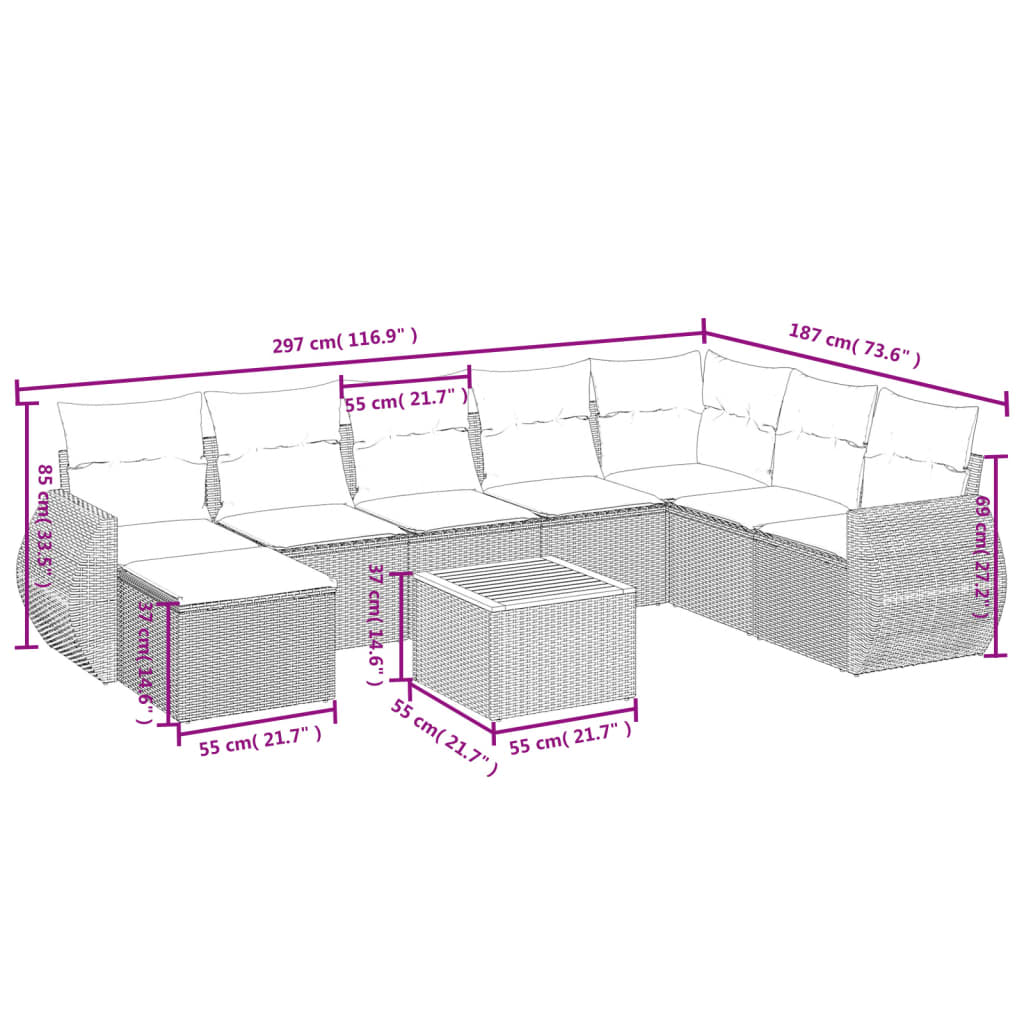 9-delige Loungeset met kussens poly rattan zwart