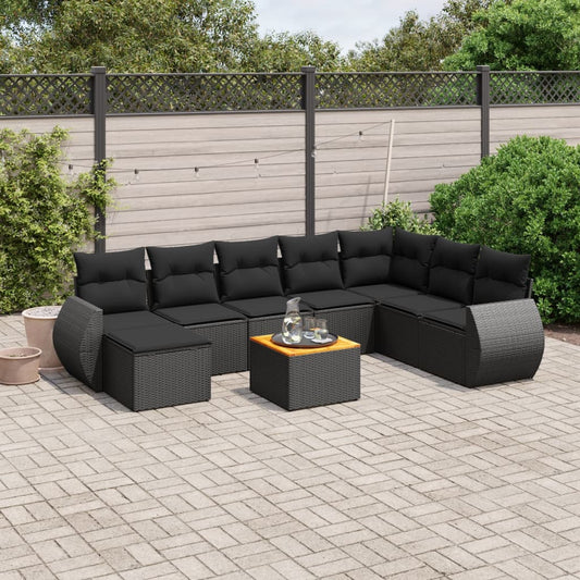 9-delige Loungeset met kussens poly rattan zwart