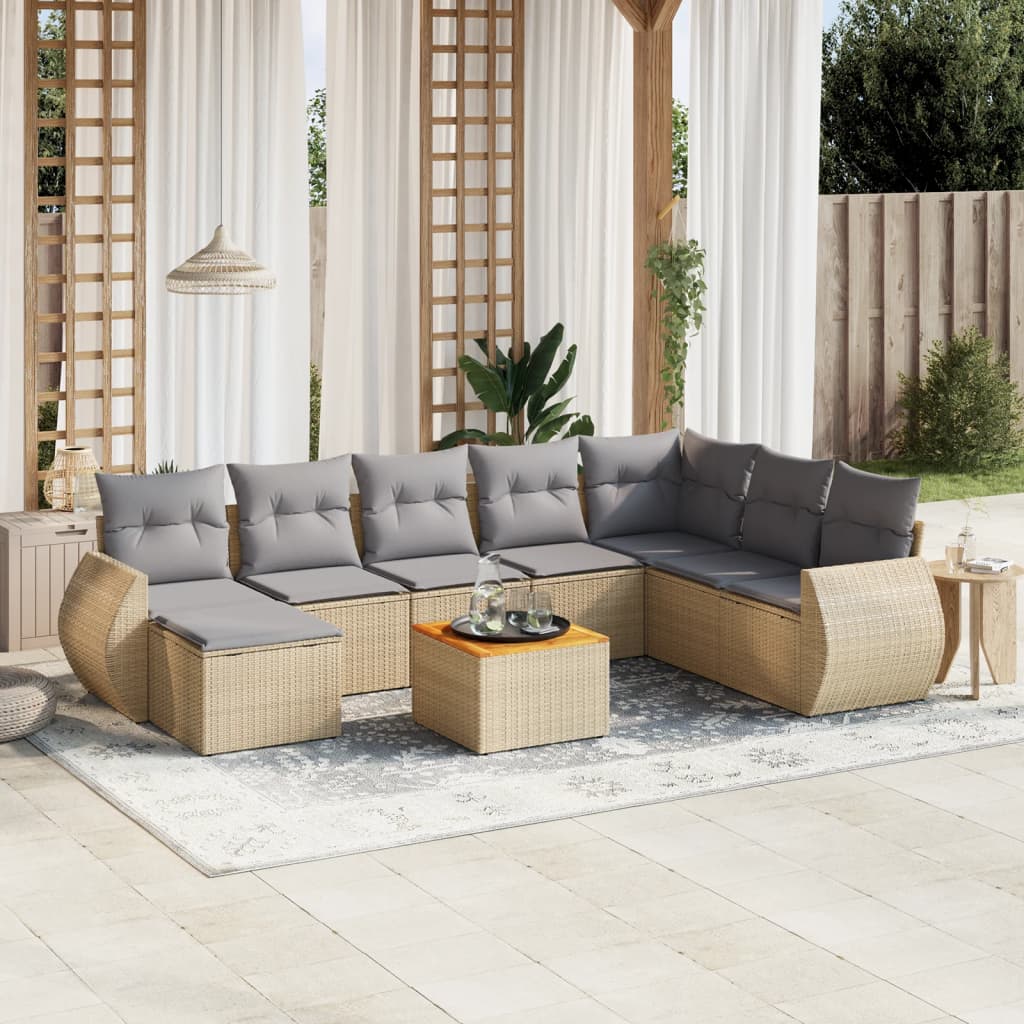 9-delige Loungeset met kussens poly rattan beige