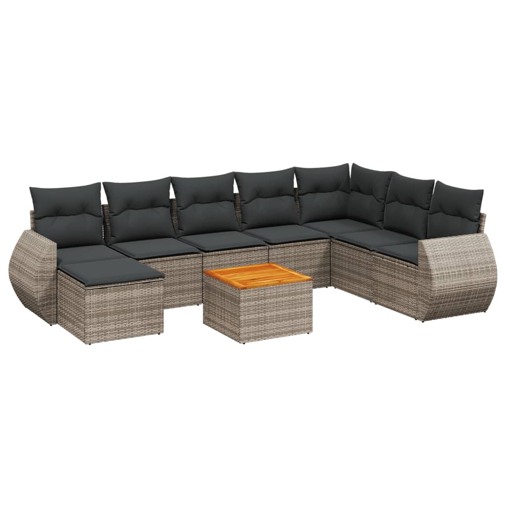 9-delige Loungeset met kussens poly rattan grijs