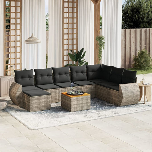 9-delige Loungeset met kussens poly rattan grijs