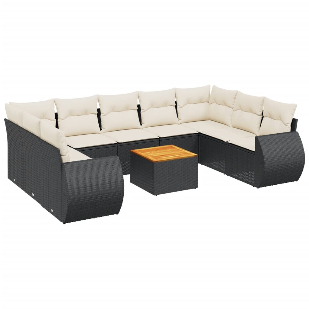 10-delige Loungeset met kussens poly rattan zwart