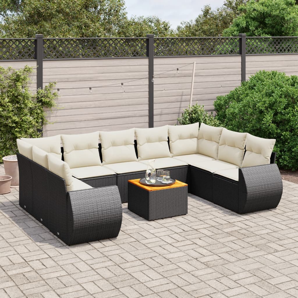 10-delige Loungeset met kussens poly rattan zwart