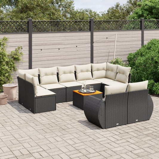 10-delige Loungeset met kussens poly rattan zwart