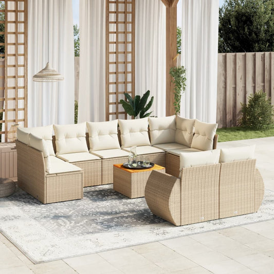 10-delige Loungeset met kussens poly rattan beige