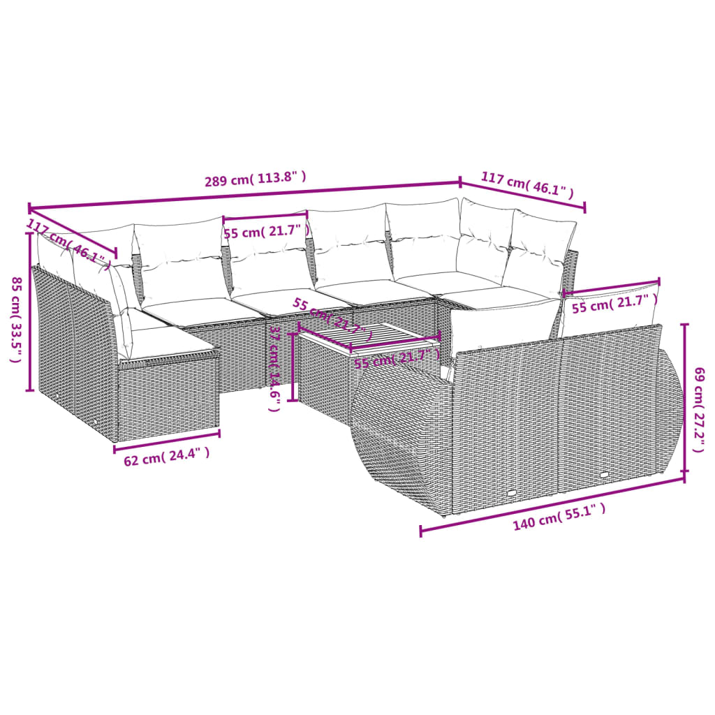 10-delige Loungeset met kussens poly rattan grijs