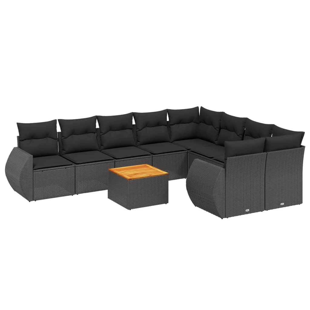 10-delige Loungeset met kussens poly rattan zwart