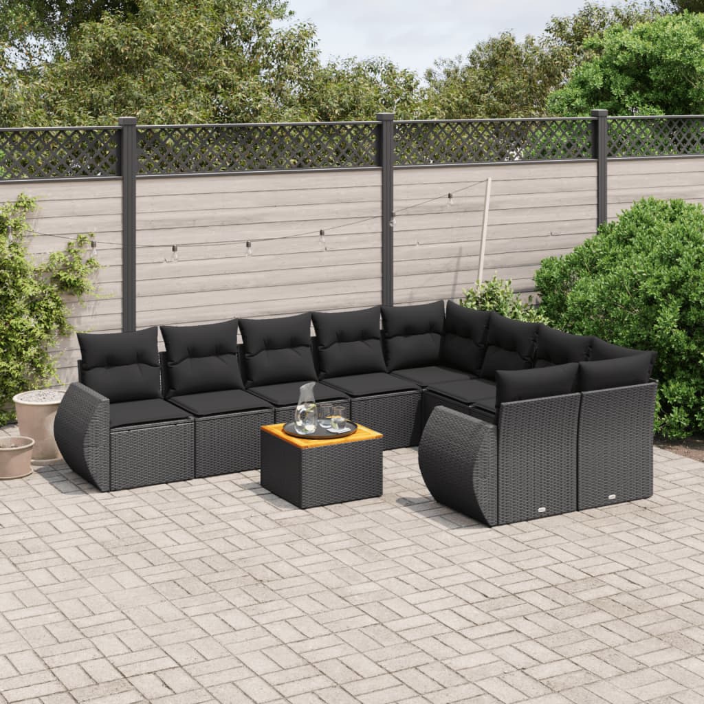 10-delige Loungeset met kussens poly rattan zwart