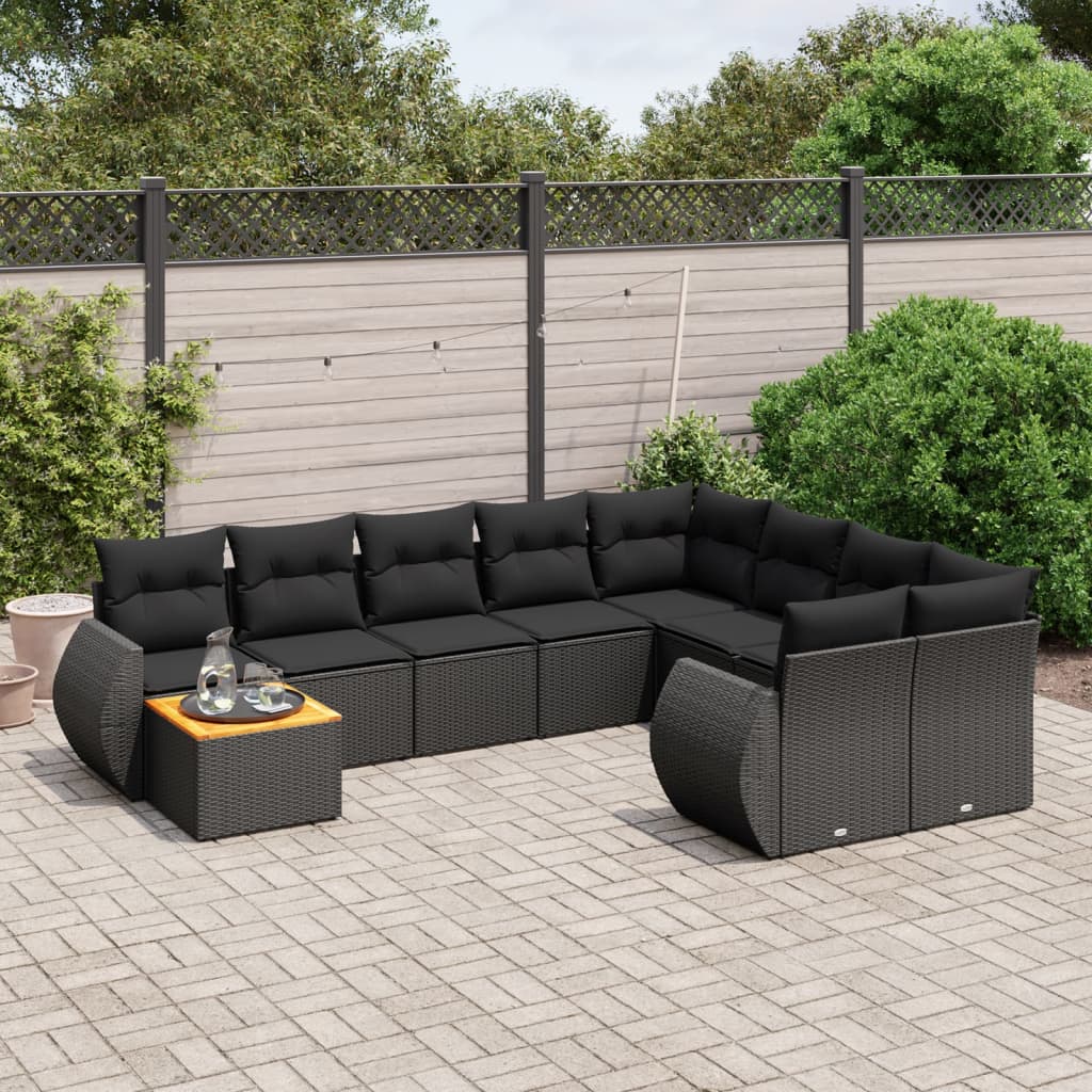 10-delige Loungeset met kussens poly rattan zwart