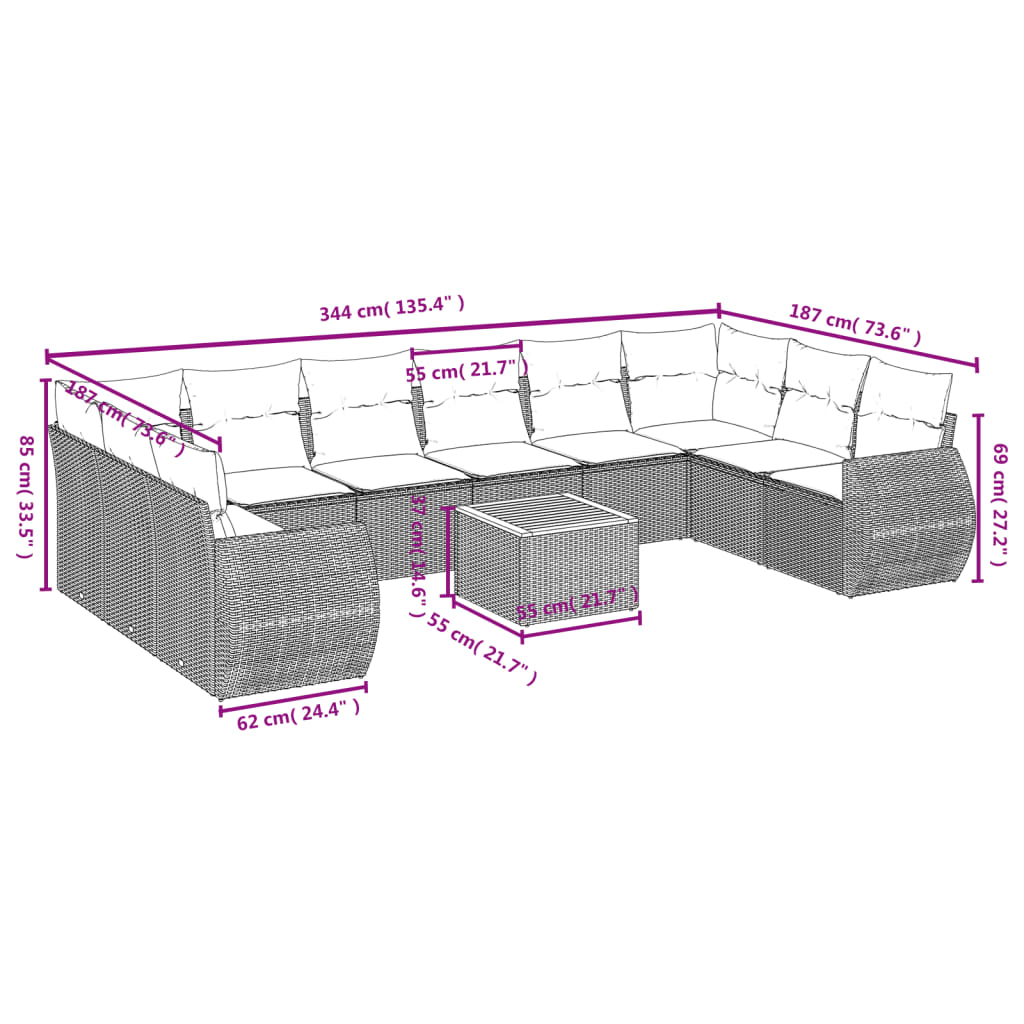 11-delige Tuinset met kussens poly rattan beige