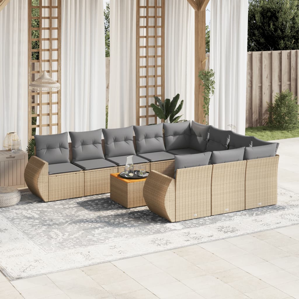 11-delige Tuinset met kussens poly rattan beige