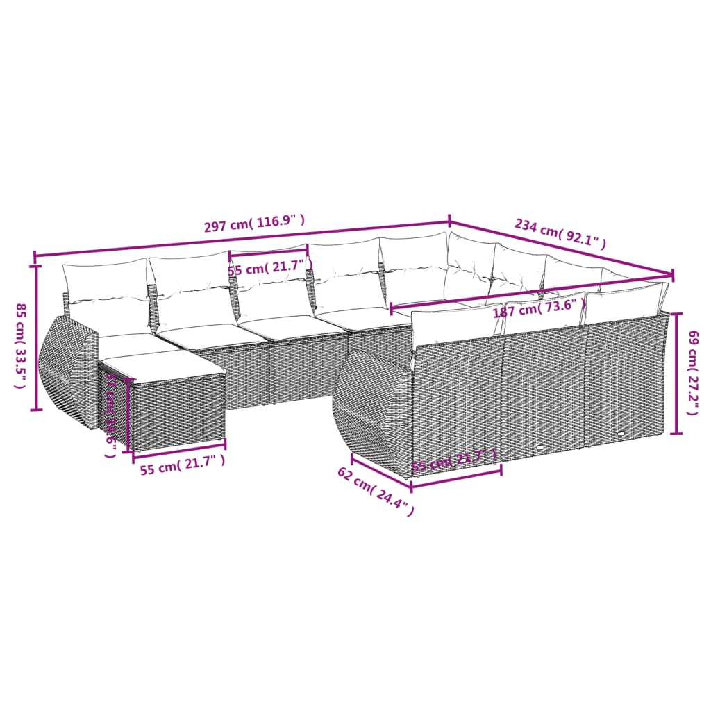 11-delige Tuinset met kussens poly rattan beige