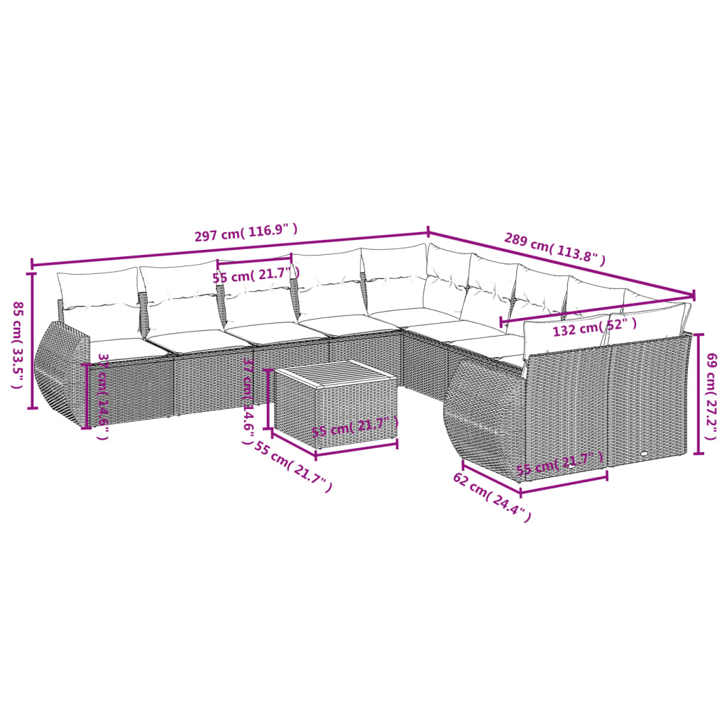 11-delige Tuinset met kussens poly rattan beige