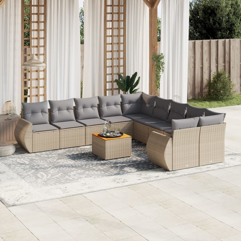 11-delige Tuinset met kussens poly rattan beige