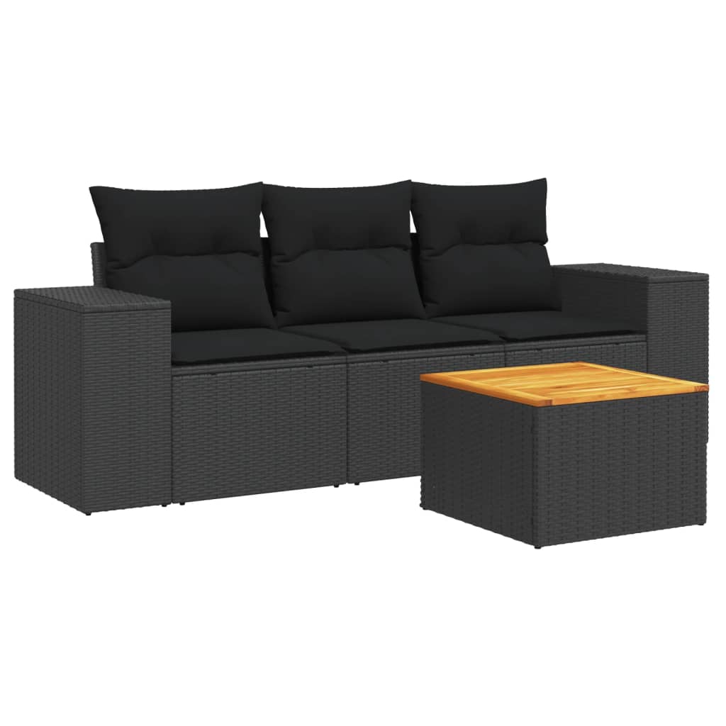 4-delige Loungeset met kussens poly rattan zwart