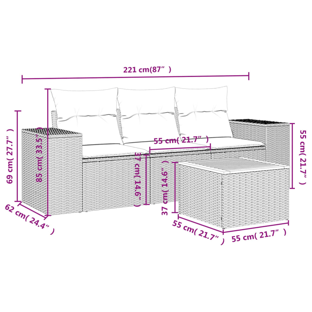 4-delige Loungeset met kussens poly rattan zwart