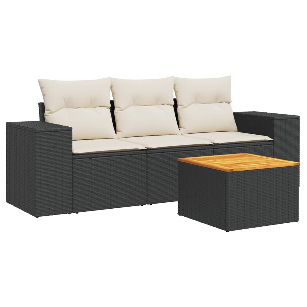 4-delige Loungeset met kussens poly rattan zwart