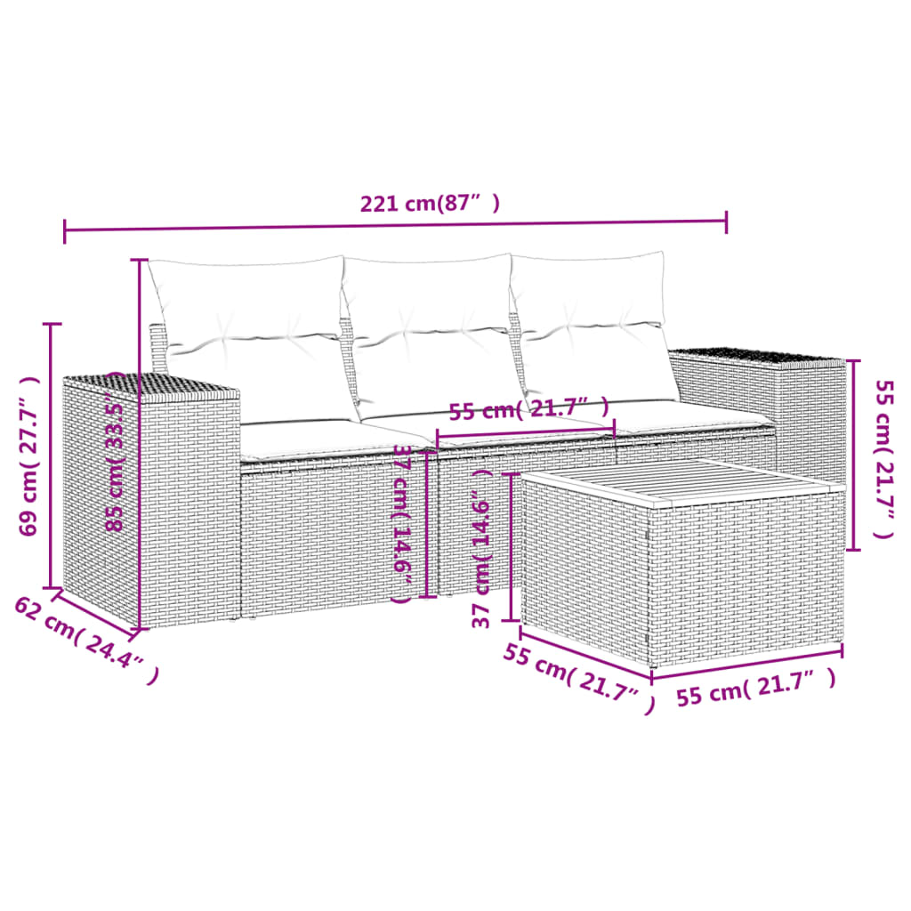 4-delige Loungeset met kussens poly rattan zwart