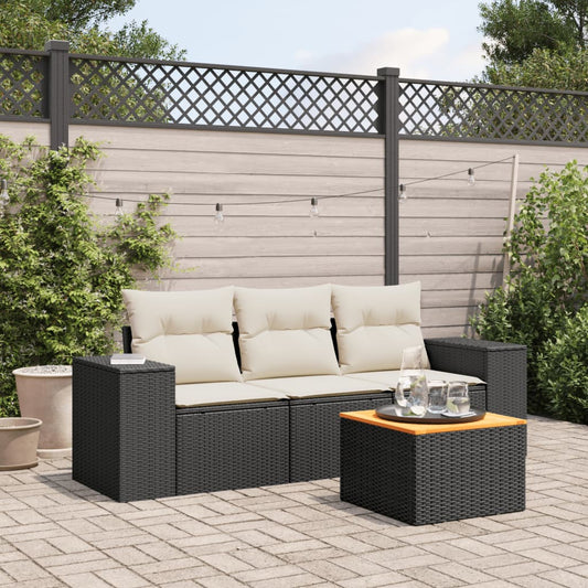 4-delige Loungeset met kussens poly rattan zwart