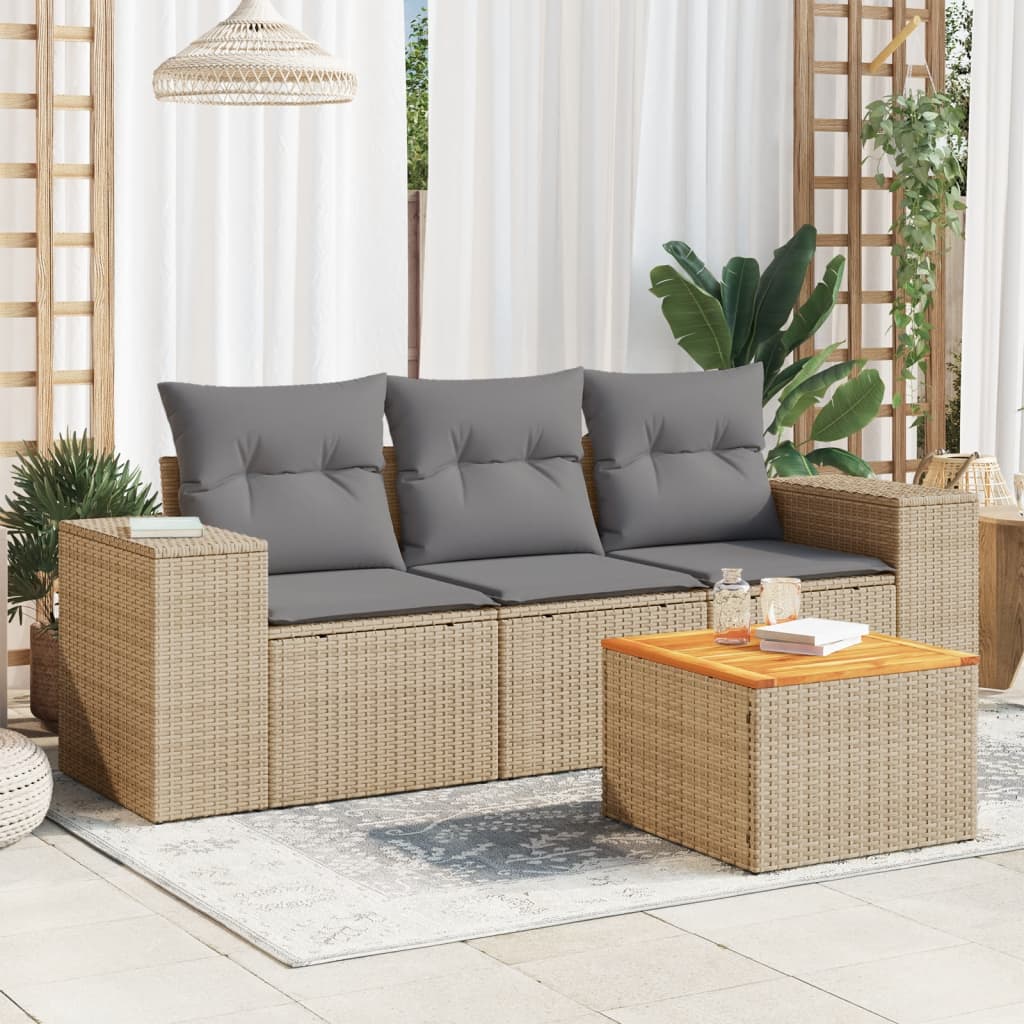 4-delige Loungeset met kussens poly rattan beige