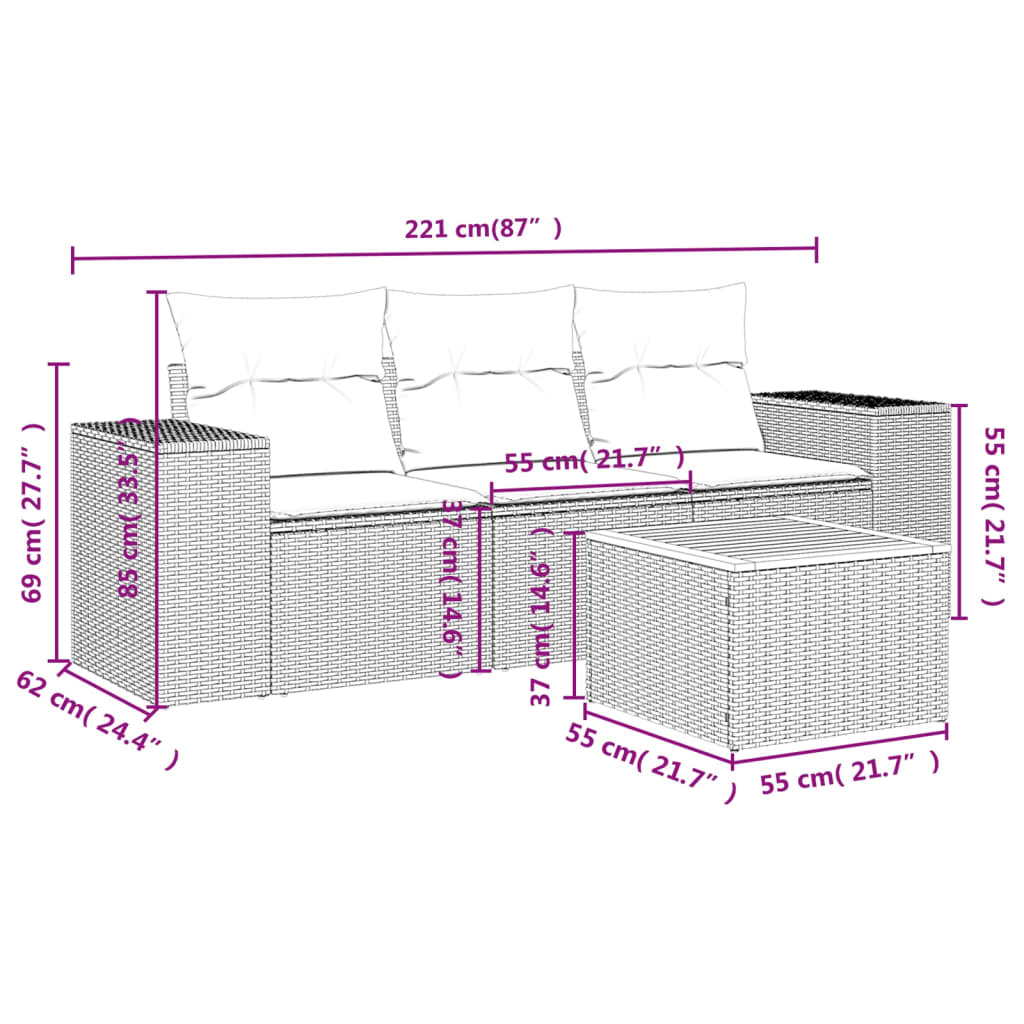 4-delige Loungeset met kussens poly rattan grijs