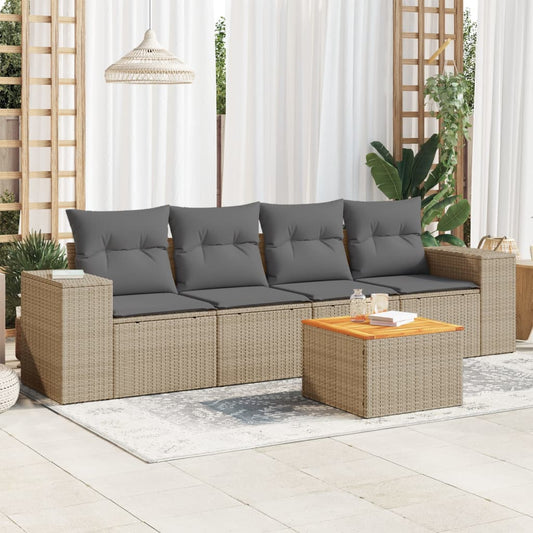 5-delige Loungeset met kussens poly rattan beige