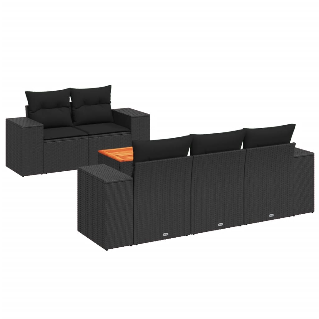 6-delige Loungeset met kussens poly rattan zwart