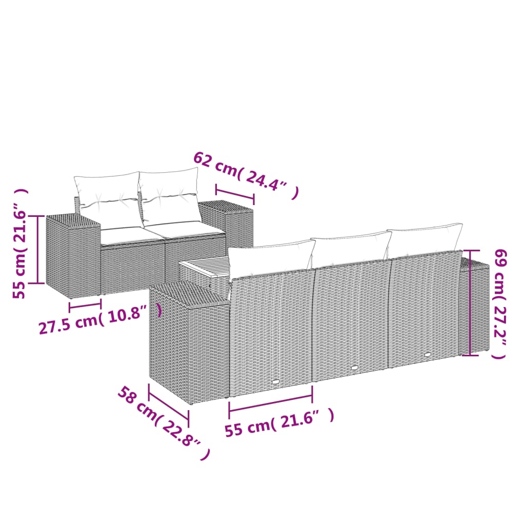 6-delige Loungeset met kussens poly rattan zwart