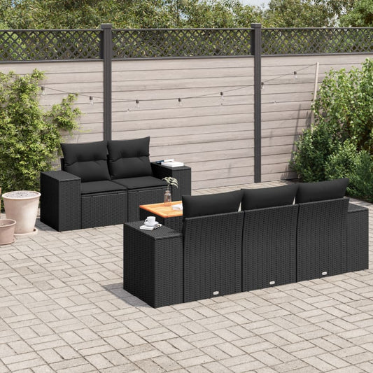 6-delige Loungeset met kussens poly rattan zwart