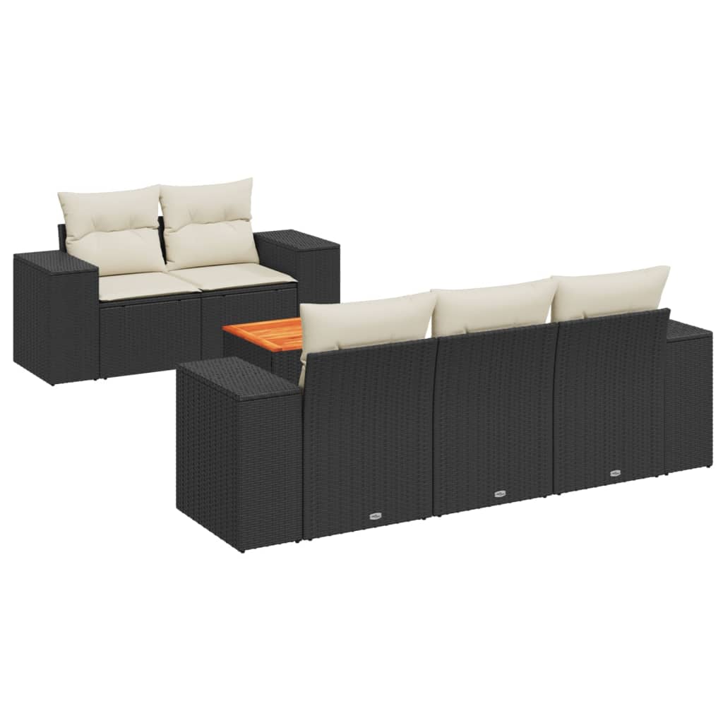 6-delige Loungeset met kussens poly rattan zwart