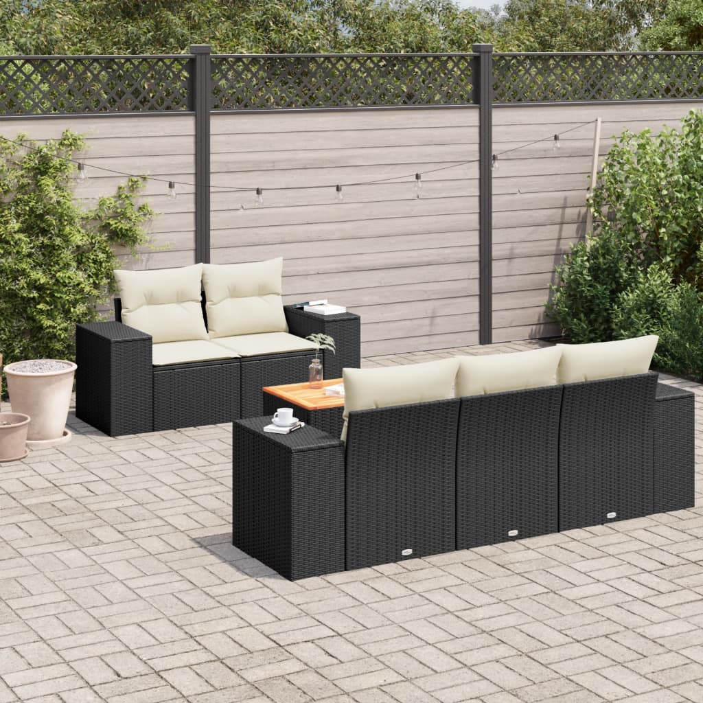 6-delige Loungeset met kussens poly rattan zwart