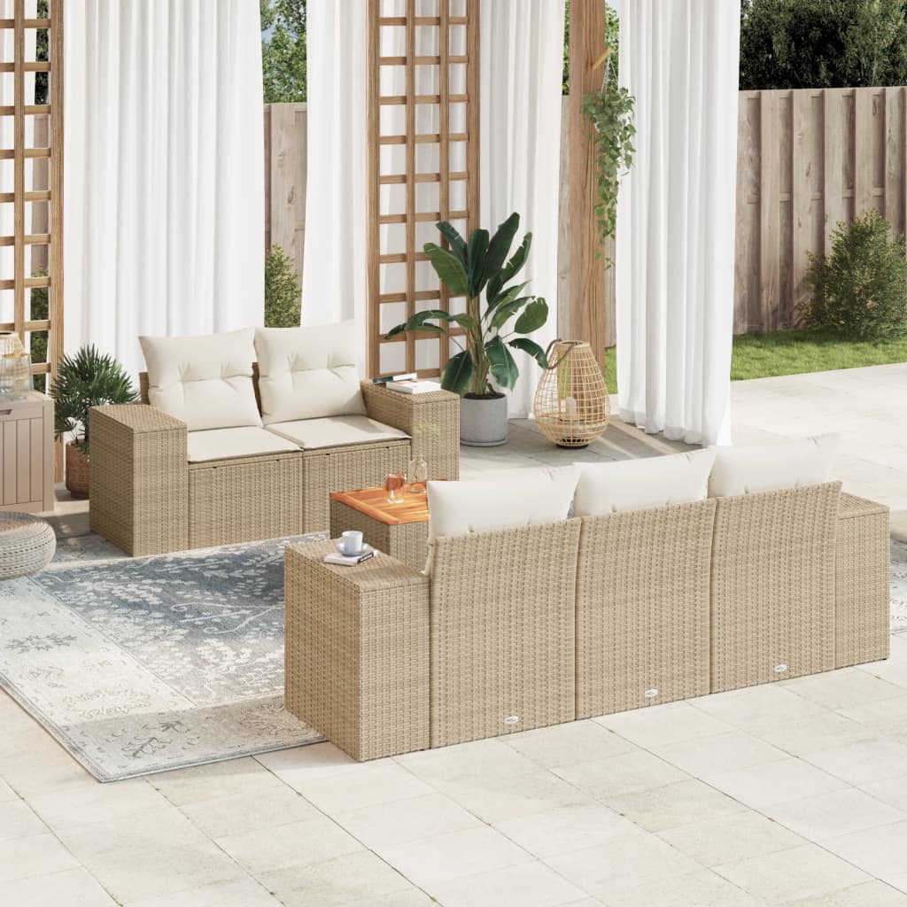 6-delige Loungeset met kussens poly rattan beige