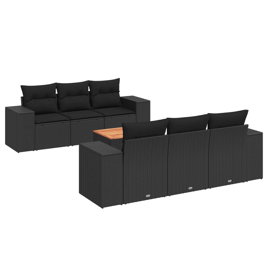 7-delige Loungeset met kussens poly rattan zwart