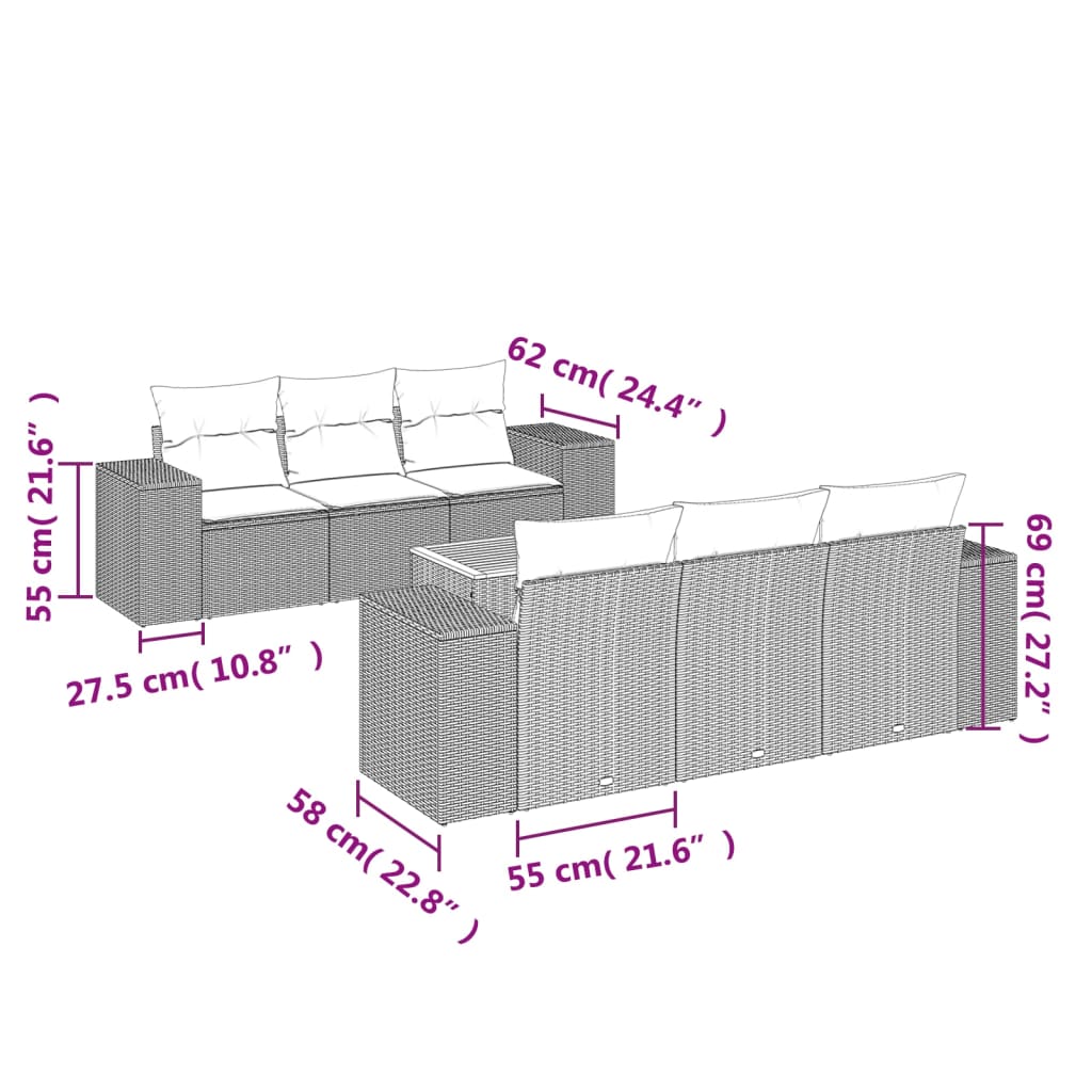 7-delige Loungeset met kussens poly rattan zwart