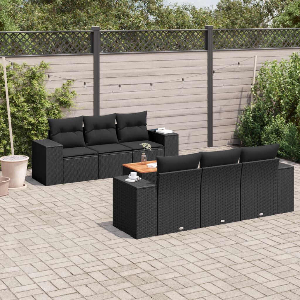 7-delige Loungeset met kussens poly rattan zwart