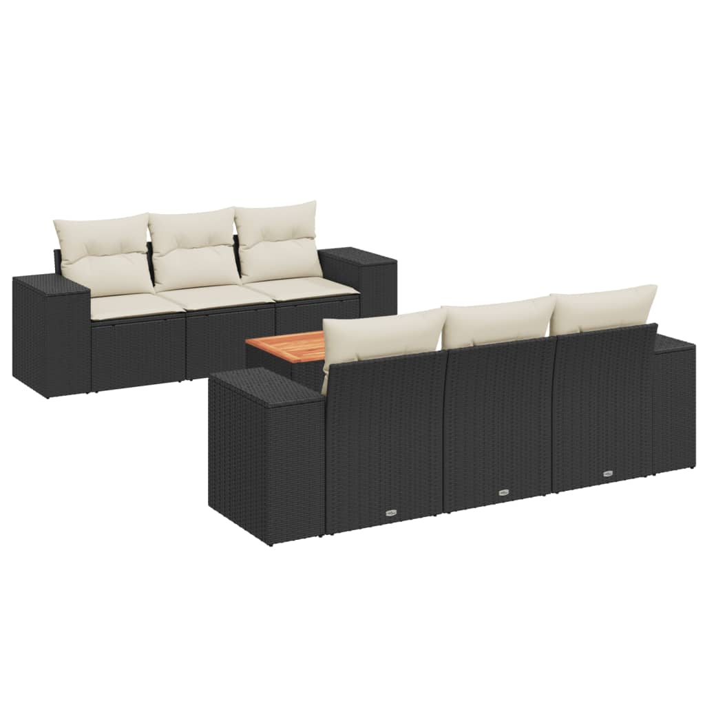 7-delige Loungeset met kussens poly rattan zwart