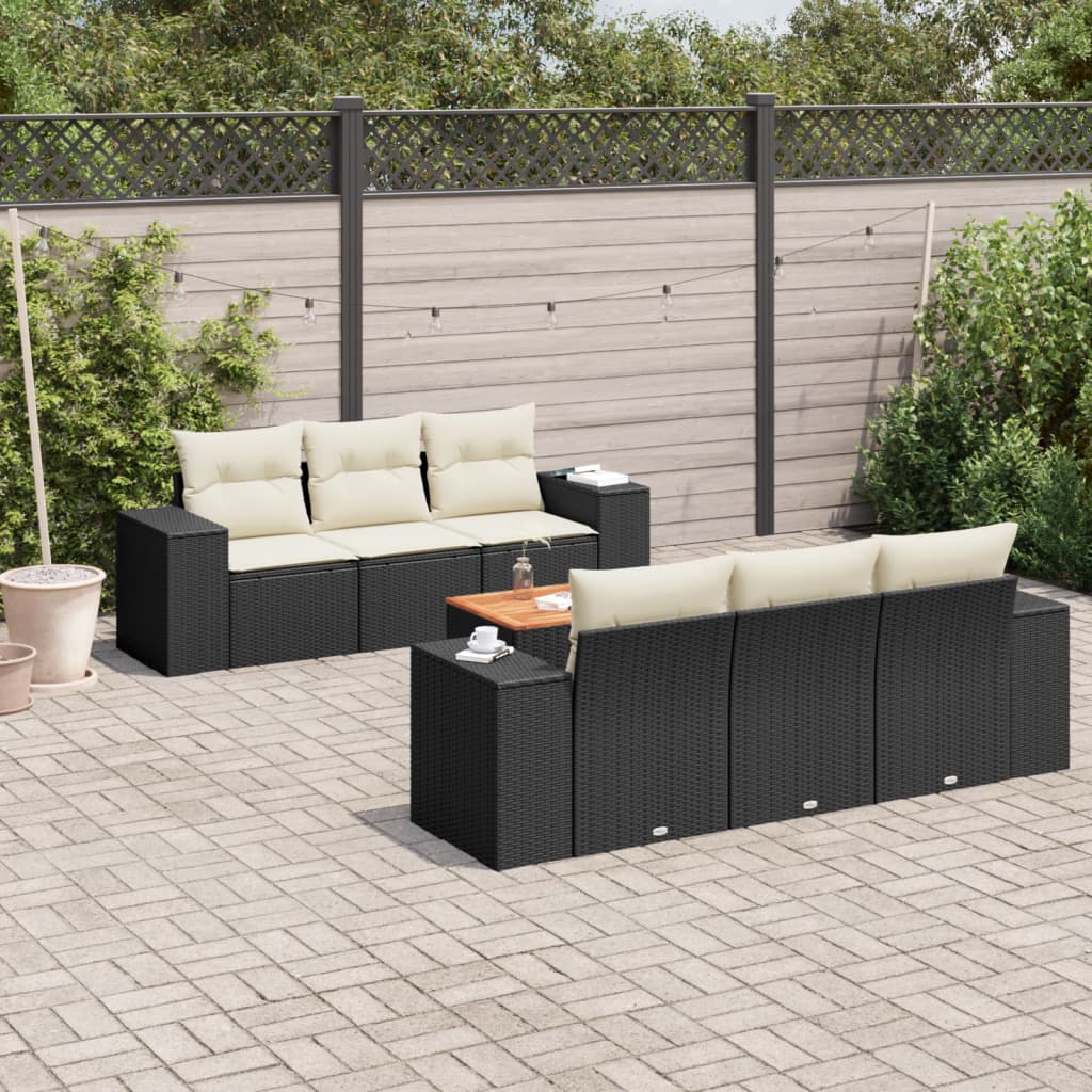 7-delige Loungeset met kussens poly rattan zwart