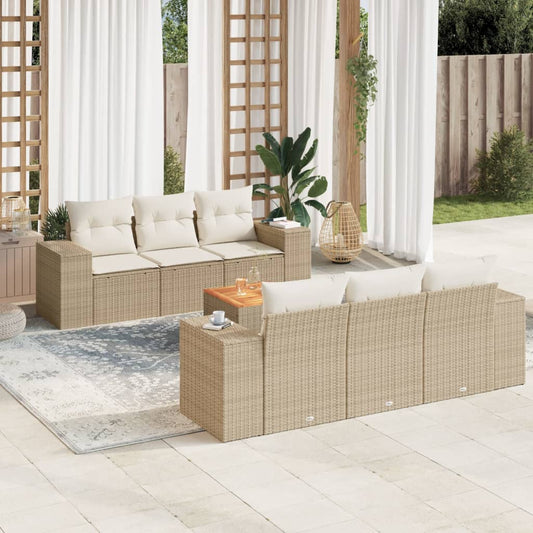 7-delige Loungeset met kussens poly rattan beige