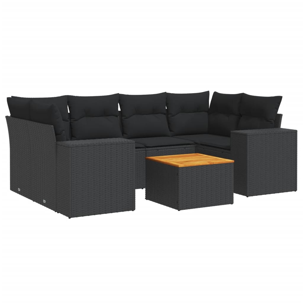 7-delige Loungeset met kussens poly rattan zwart