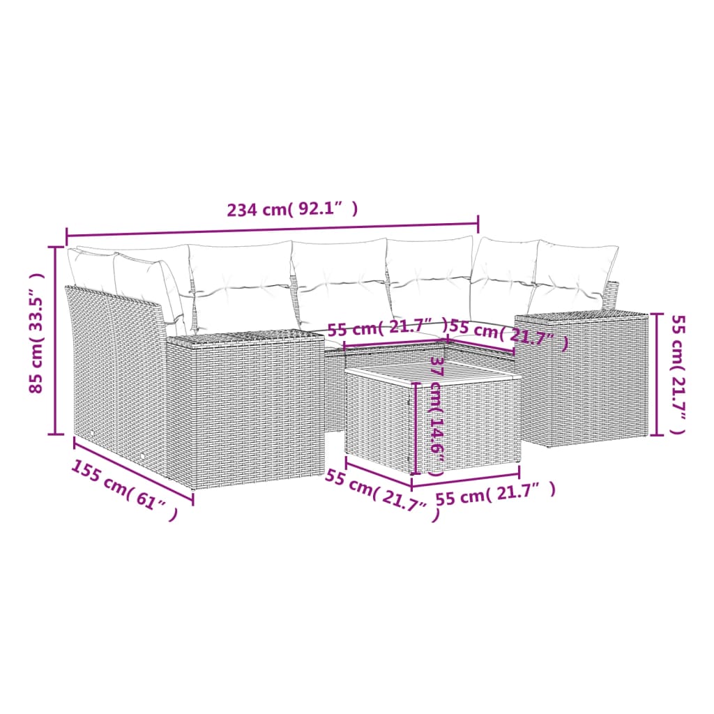 7-delige Loungeset met kussens poly rattan zwart