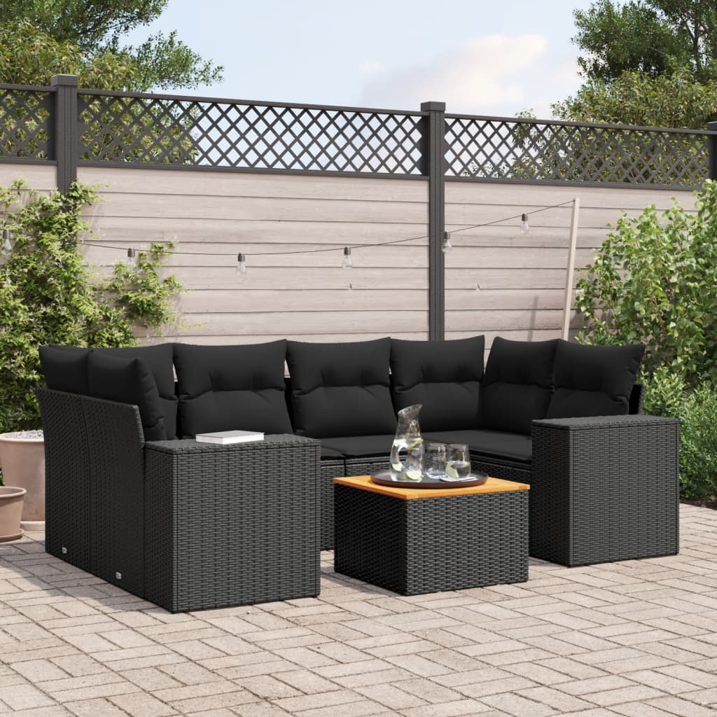 7-delige Loungeset met kussens poly rattan zwart