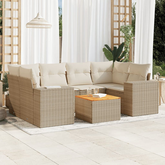 7-delige Loungeset met kussens poly rattan beige