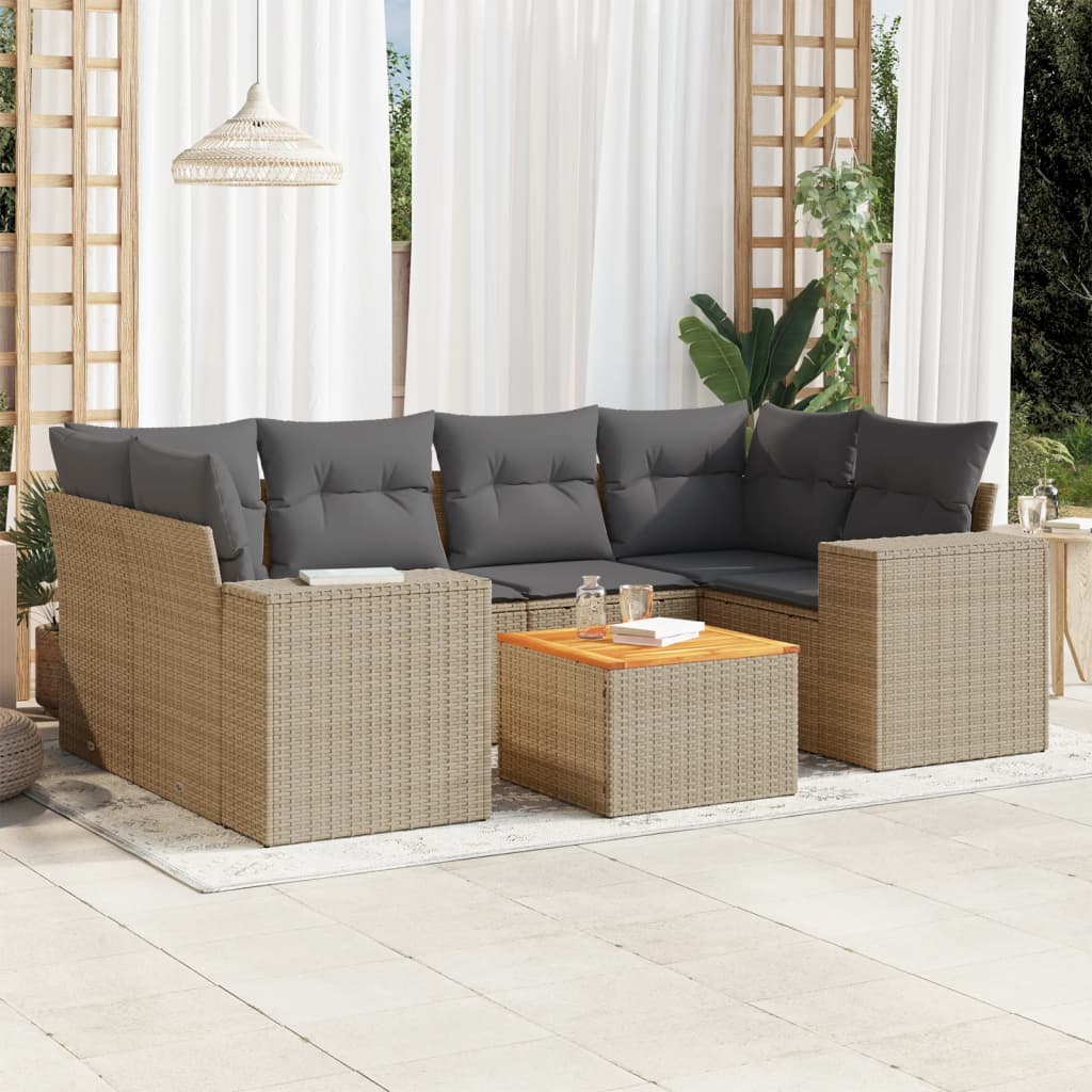 7-delige Loungeset met kussens poly rattan beige