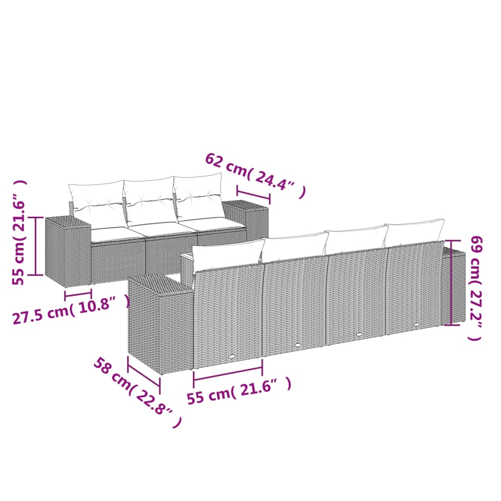 8-delige Loungeset met kussens poly rattan zwart