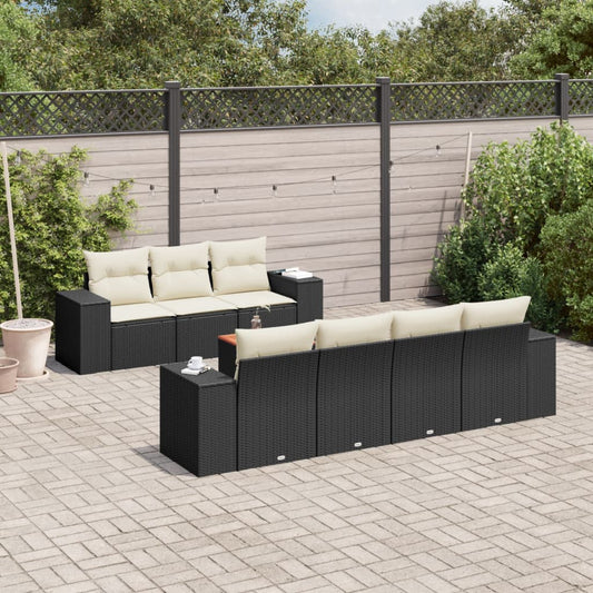 8-delige Loungeset met kussens poly rattan zwart